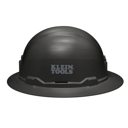 Side view of the Klein 60960 black full brim hard hat displaying the stamped Klein Tools logo and universal accessory slots.
