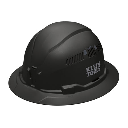 Klein 60961 black vented full brim safety hard hat featuring PC/ABS composite impact construction and adjustable side air vents.