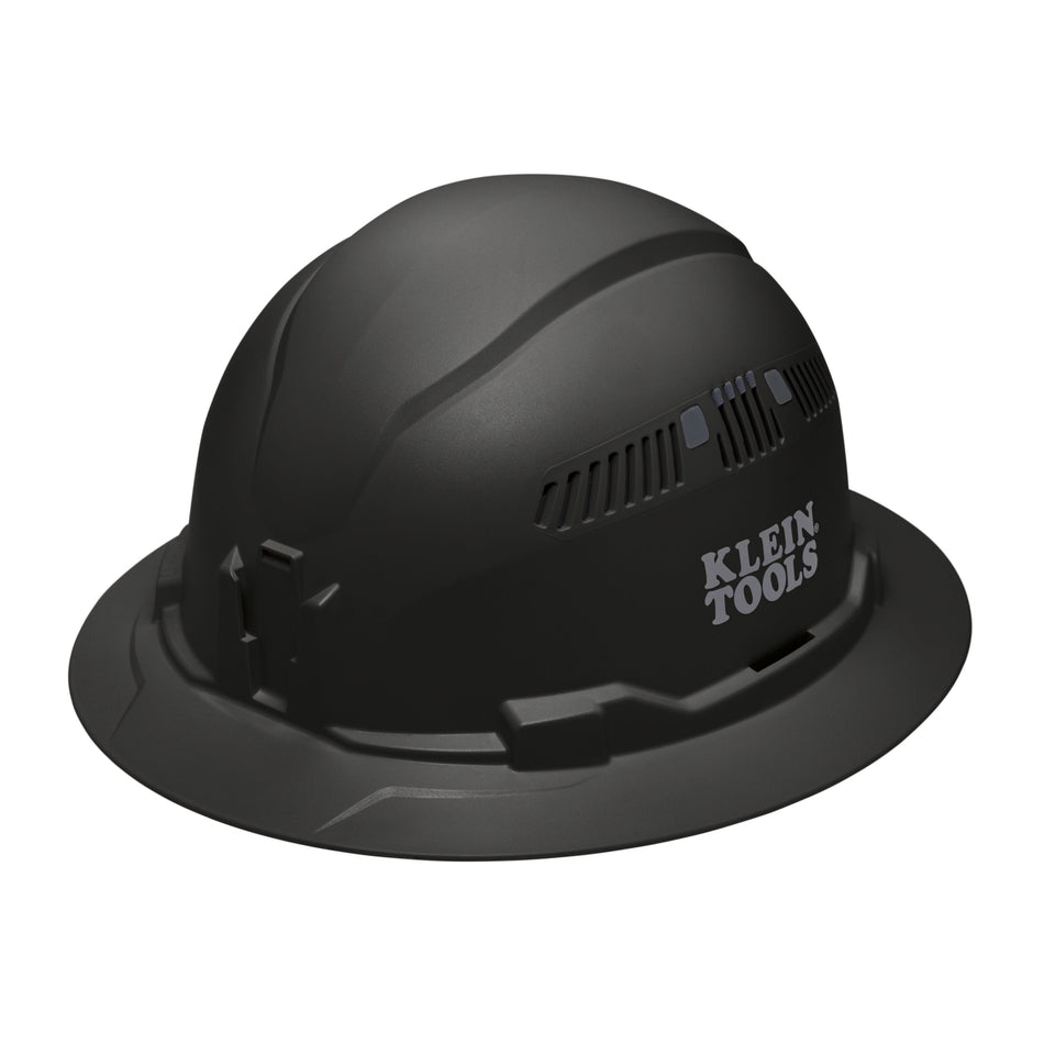 Klein 60961 black vented full brim safety hard hat featuring PC/ABS composite impact construction and adjustable side air vents.