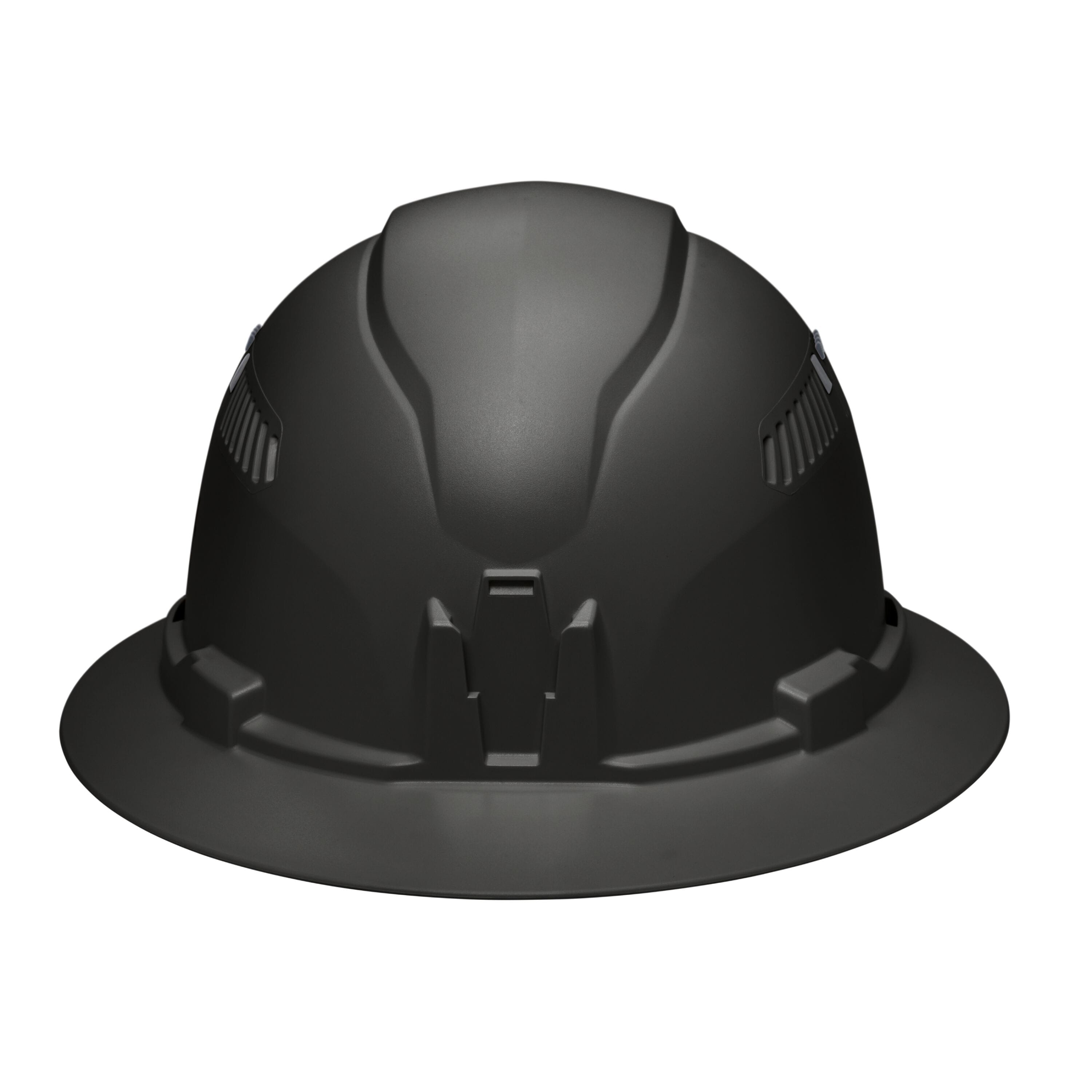 Front profile view of the Klein 60961 black hard hat featuring the built-in accessory mount for strap-free headlamp attachment.