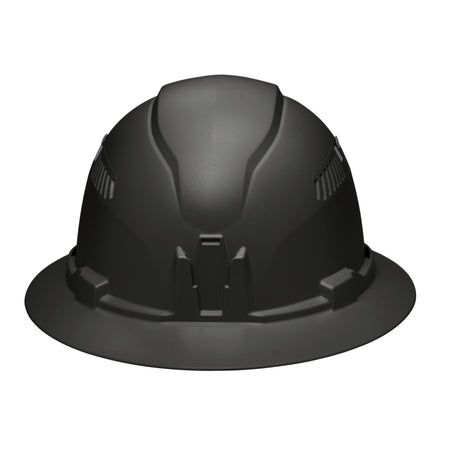 Front profile view of the Klein 60961 black hard hat featuring the built-in accessory mount for strap-free headlamp attachment.