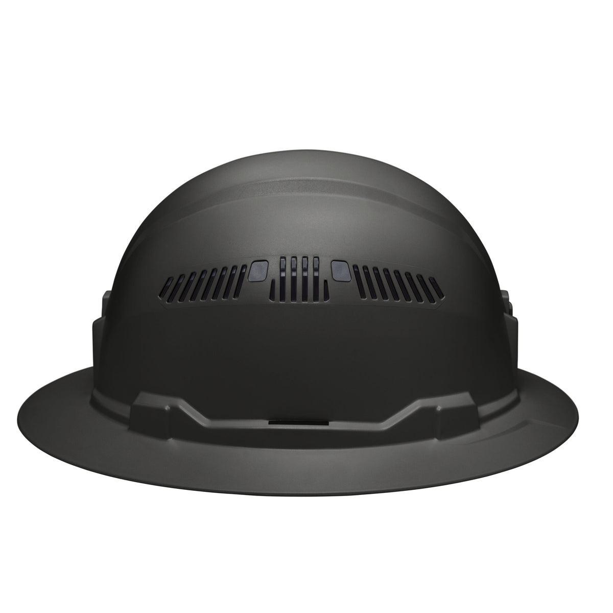 Side view of the Klein 60961 black full brim hard hat displaying the stamped logo, side vents, and universal accessory slots.