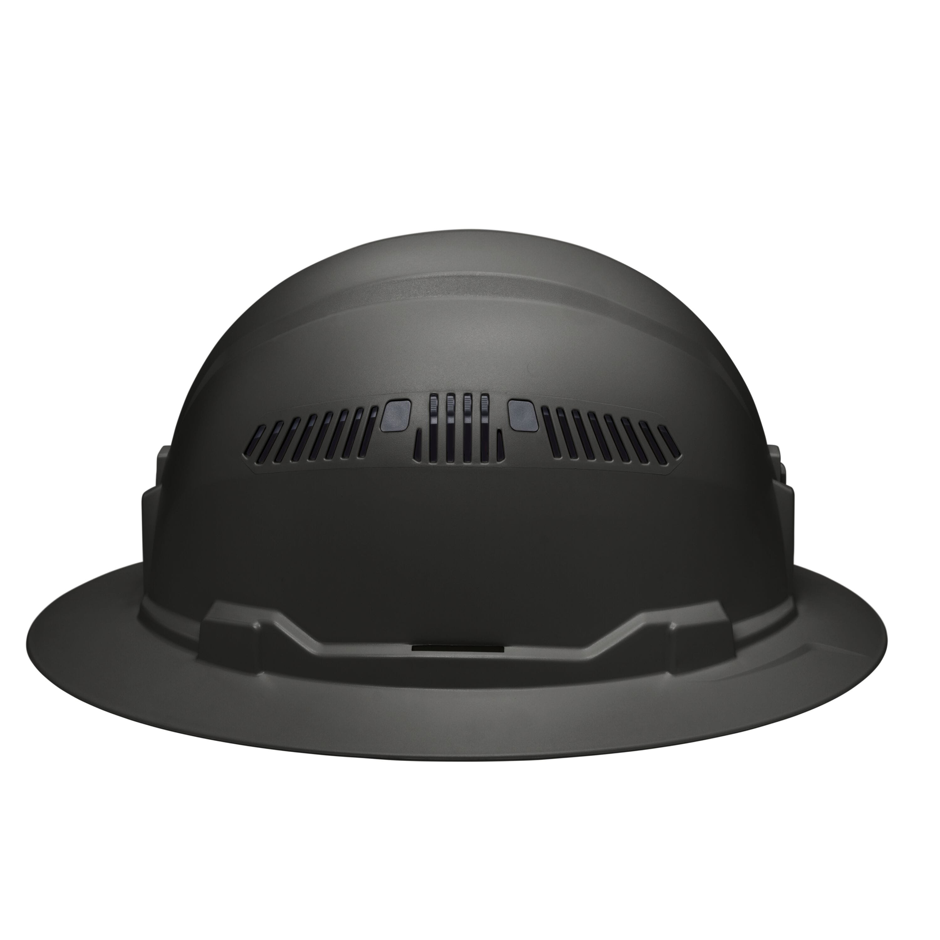 Side view of the Klein 60961 black full brim hard hat displaying the stamped logo, side vents, and universal accessory slots.