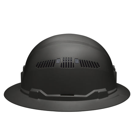 Side view of the Klein 60961 black full brim hard hat displaying the stamped logo, side vents, and universal accessory slots.