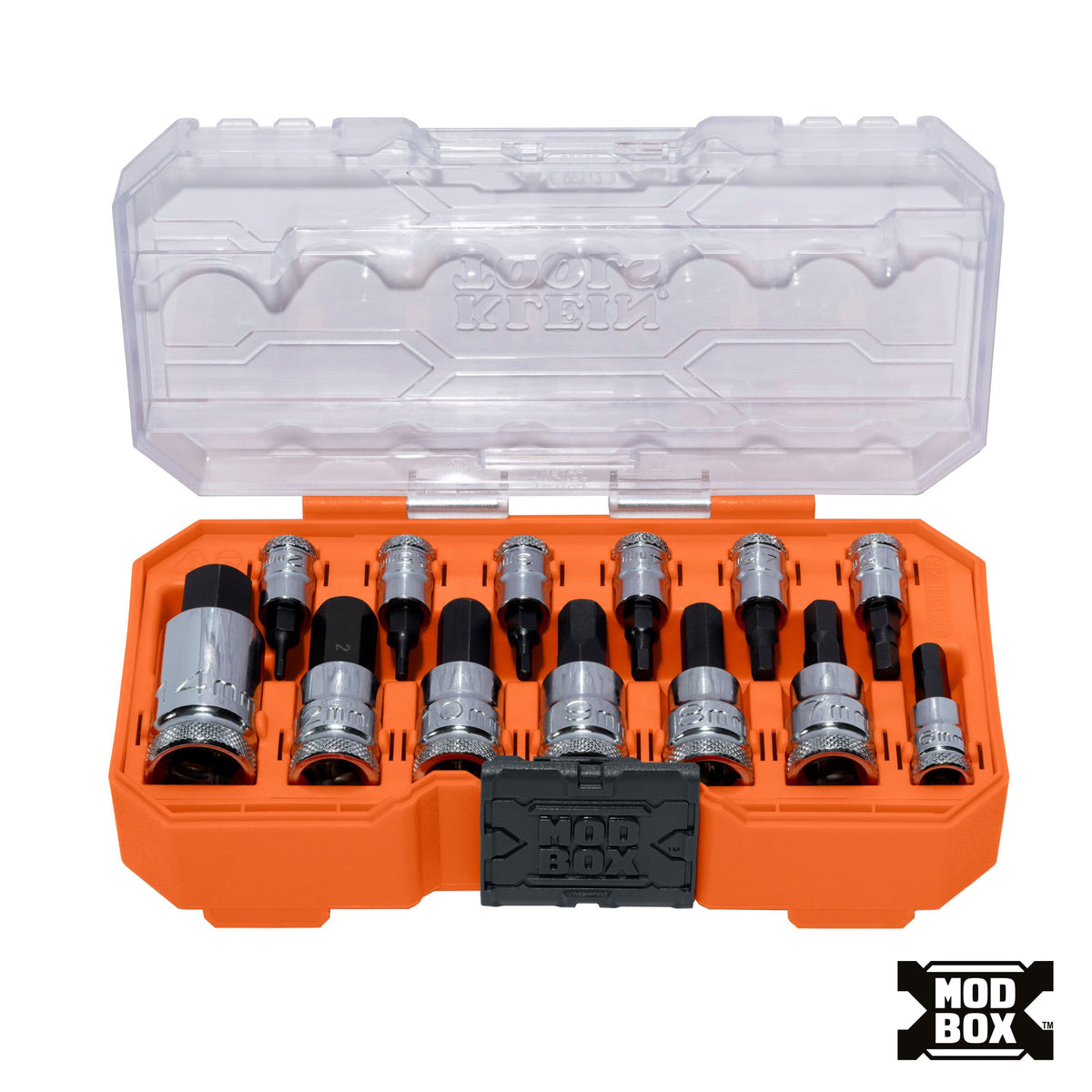 Klein 65213HEXM 13-piece metric knurled hex bit socket set organized inside an open MODbox organizer case with a clear lid.