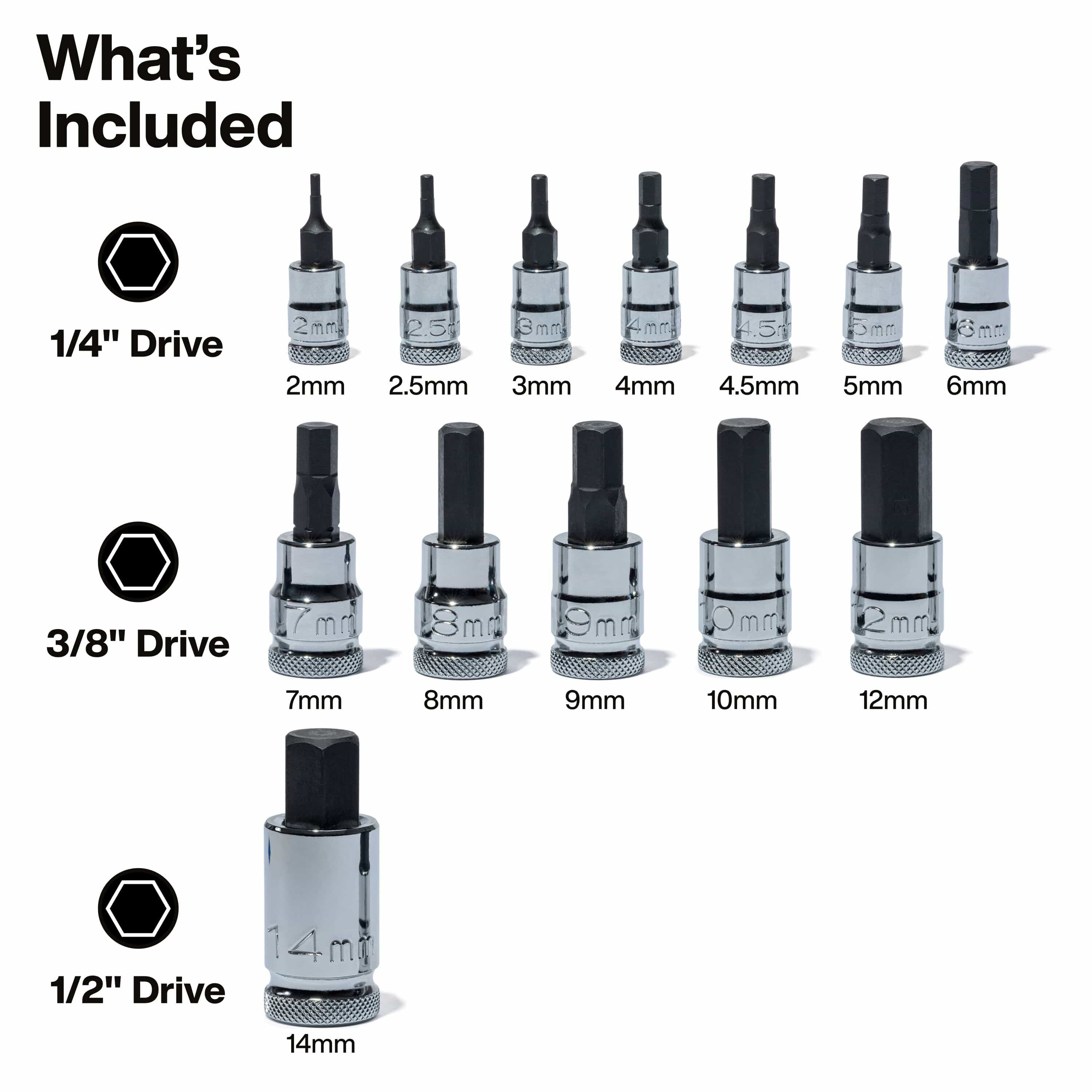 Diagram detailing 13 metric hex bit sockets divided across 1/4, 3/8, and 1/2-inch drive sizes ranging from 2 to 14 mm.