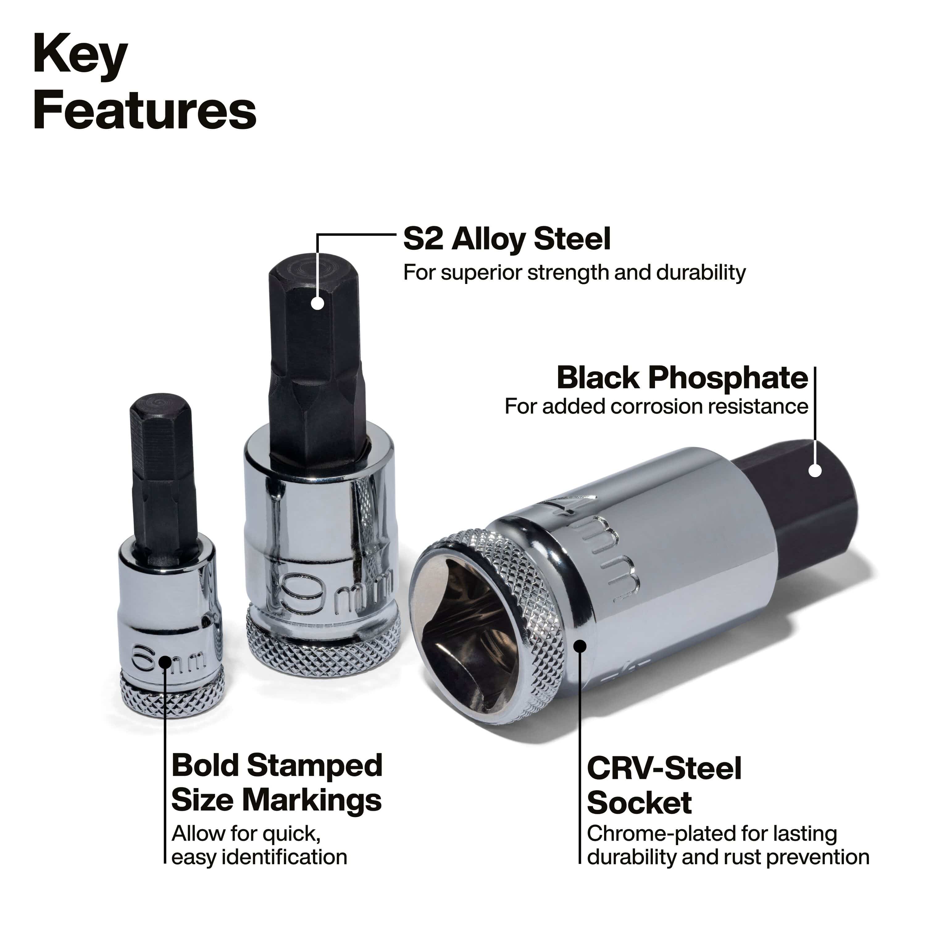 Diagram highlighting Klein S2 alloy steel bits with black phosphate finish, chrome CRV sockets, and stamped size markings.