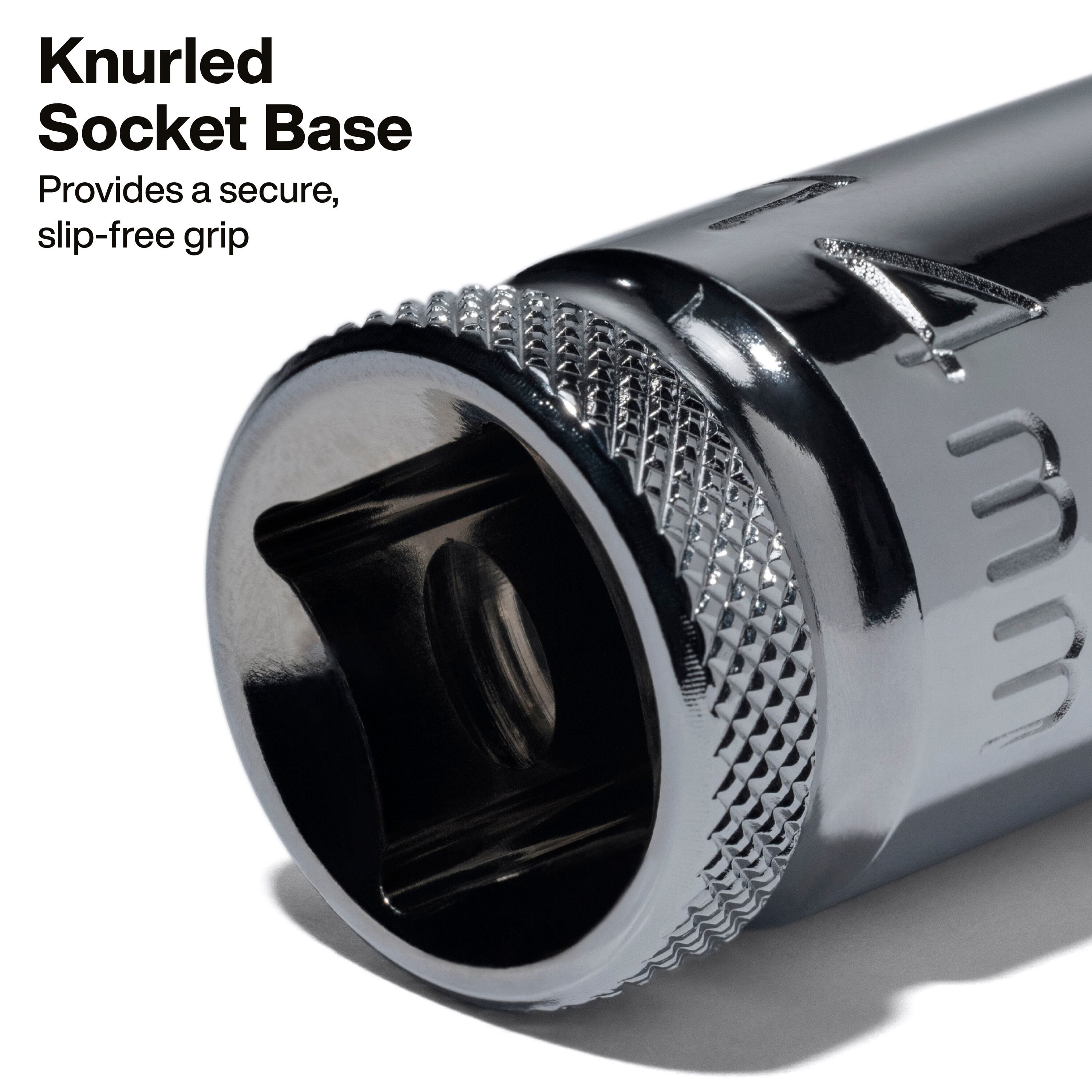 Macro view of the knurled socket base ring designed to give technicians positive finger grip for hand-starting metric threaded fasteners.