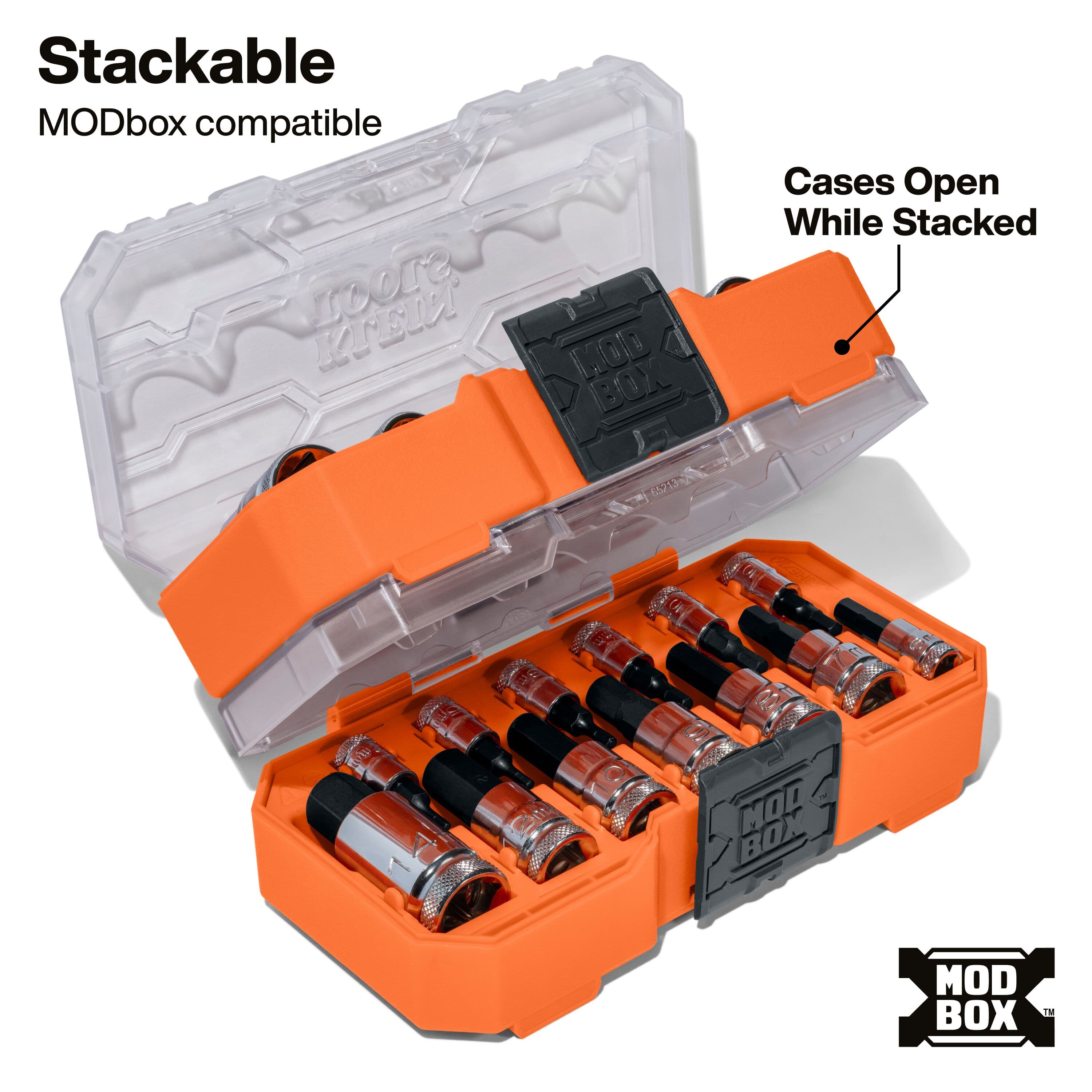 Klein MODbox organizer cases stacked together, illustrating how transparent lids open independently without unstacking the boxes.