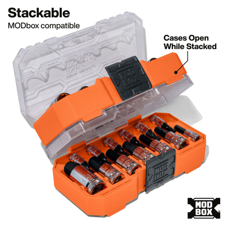 Klein MODbox organizer cases stacked together, illustrating how transparent lids open independently without unstacking the boxes.