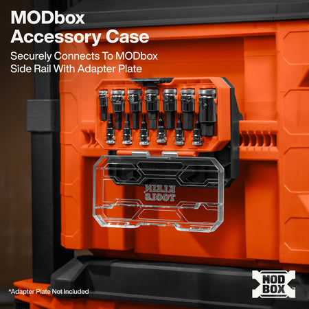 Klein MODbox metric hex bit socket case mounted vertically onto the side rail of a main MODbox rolling toolbox for mobile jobsite access.