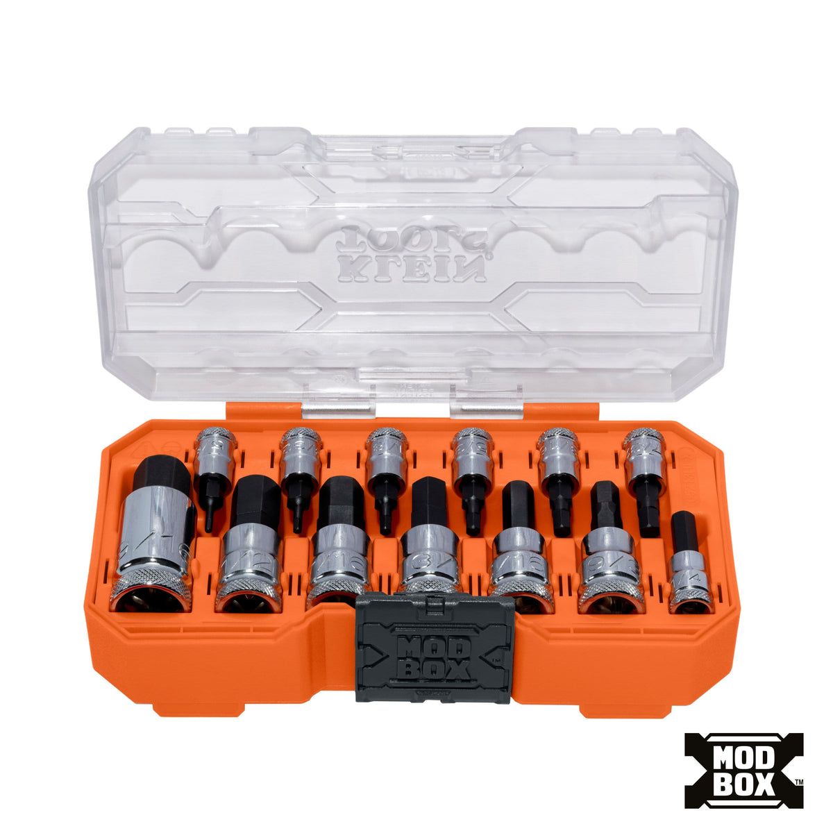 Klein 65213HEX 13-piece SAE knurled hex bit socket set arranged inside an open MODbox organizer case with a clear lid.