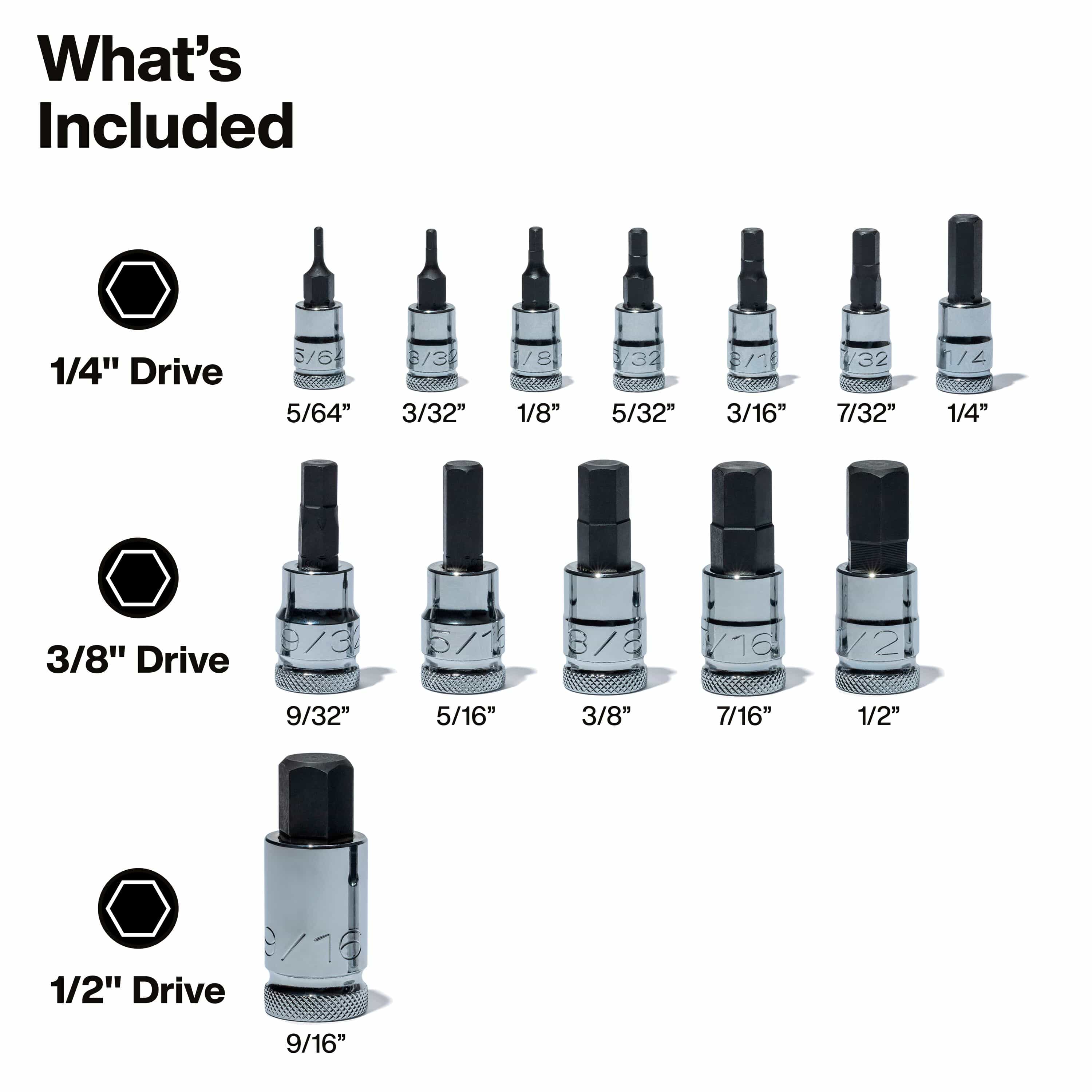 Diagram detailing 13 SAE hex bit sockets divided across 1/4, 3/8, and 1/2-inch drive sizes ranging from 5/64 to 9/16 inch.