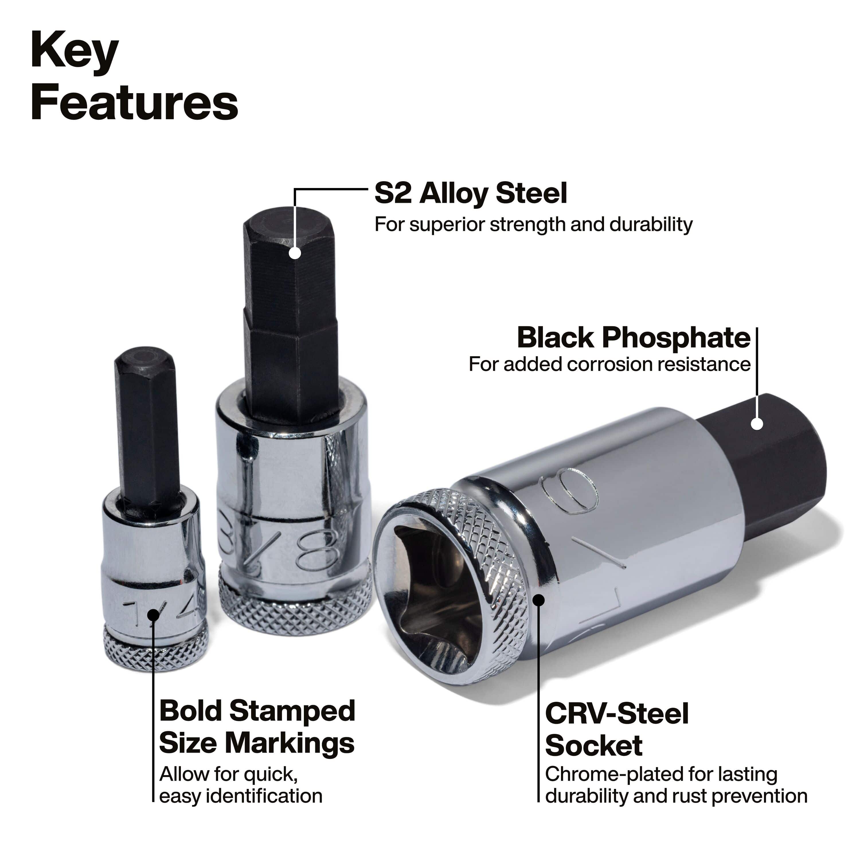 Diagram highlighting Klein S2 alloy steel bits with black phosphate finish, chrome CRV sockets, and stamped size markings.