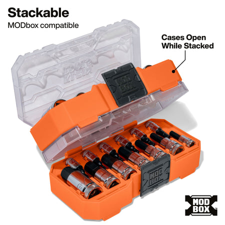 Klein MODbox organizer cases stacked together, illustrating how transparent lids open independently without unstacking the boxes.