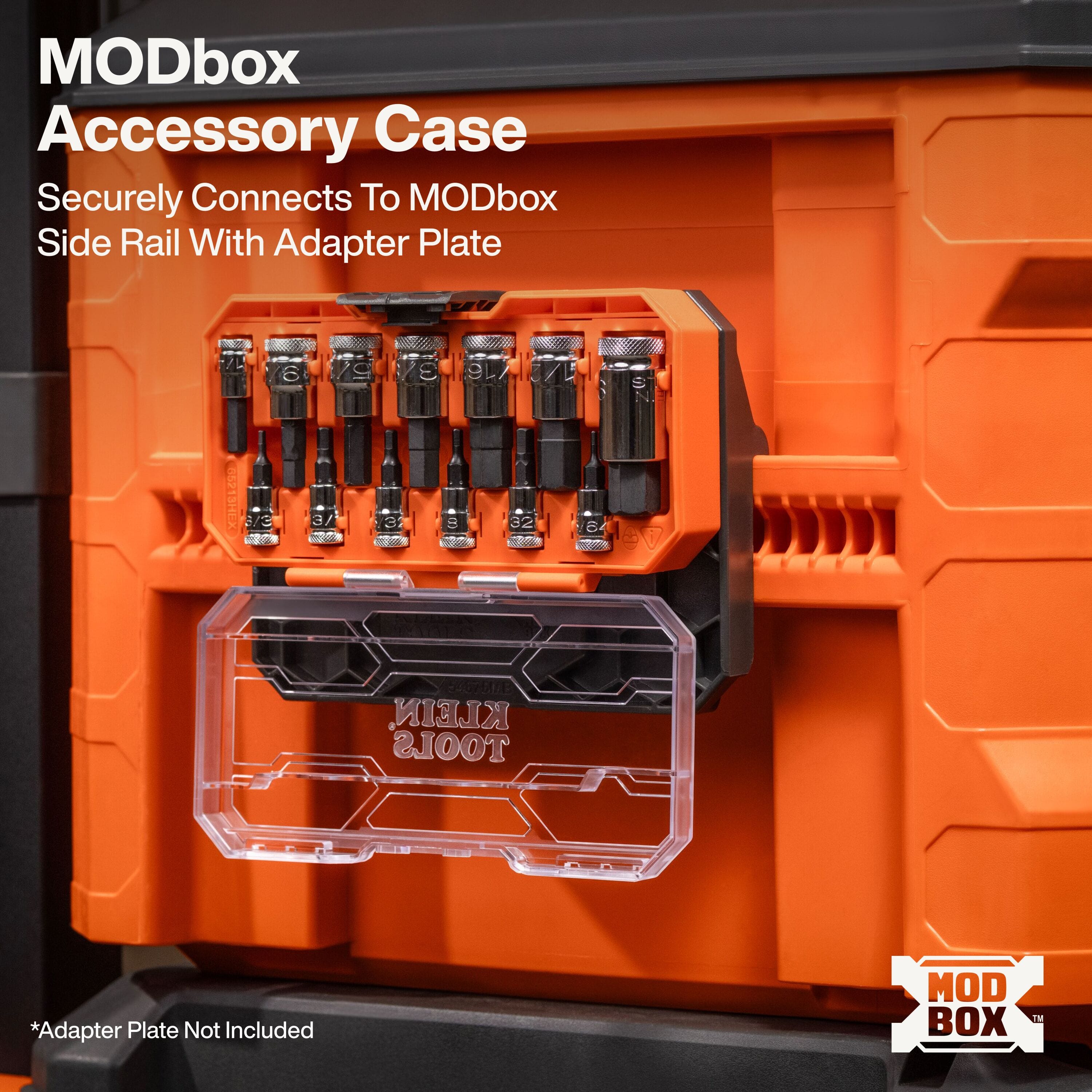 Klein MODbox hex bit socket case mounted vertically onto the side rail of a main MODbox rolling toolbox for mobile jobsite access.