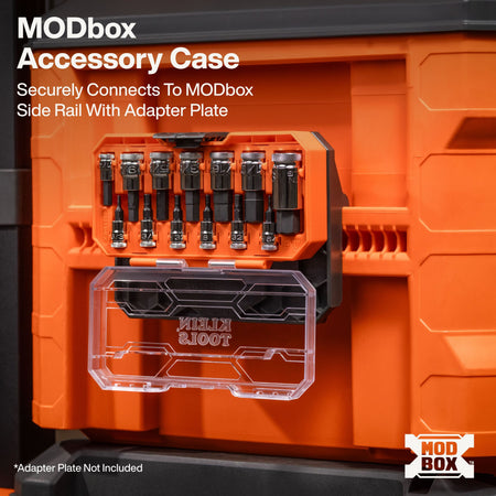 Klein MODbox hex bit socket case mounted vertically onto the side rail of a main MODbox rolling toolbox for mobile jobsite access.