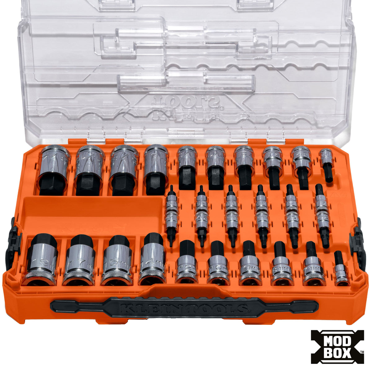 Klein Tools 65233HEX 32-piece knurled hex bit socket set organized inside an open MODbox clear-lid storage case.