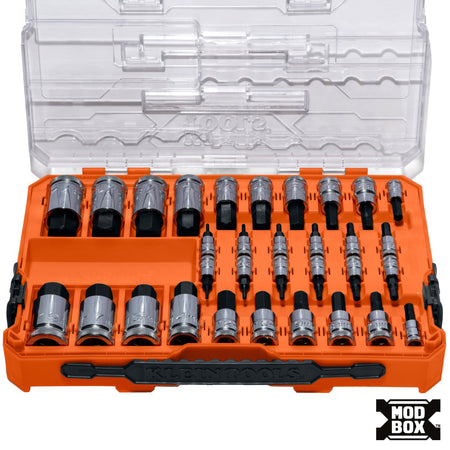 Klein Tools 65233HEX 32-piece knurled hex bit socket set organized inside an open MODbox clear-lid storage case.