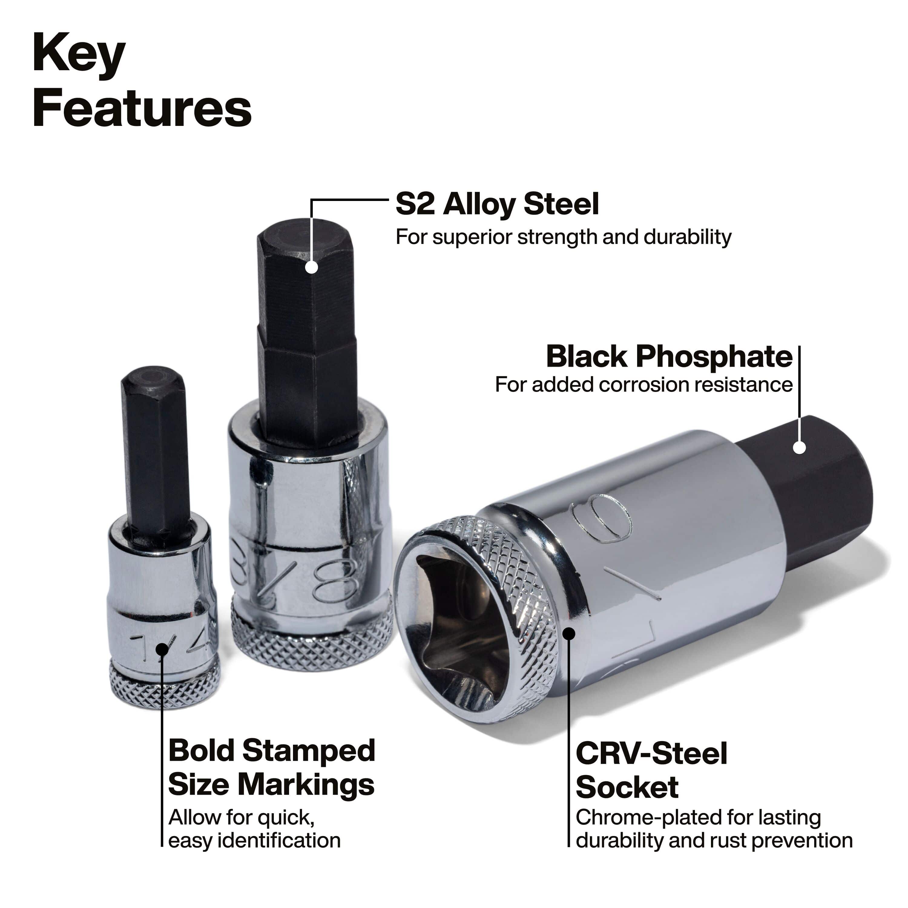 Diagram detailing S2 steel bits, chrome-plated sockets, black phosphate finish, and bold stamped size markings on Klein 65233HEX sockets.