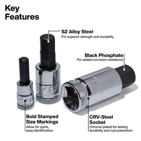 Diagram detailing S2 steel bits, chrome-plated sockets, black phosphate finish, and bold stamped size markings on Klein 65233HEX sockets.