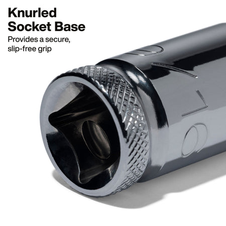 Close-up diagram highlighting the knurled socket base on a Klein hex bit socket for secure finger grip during initial hand starting.