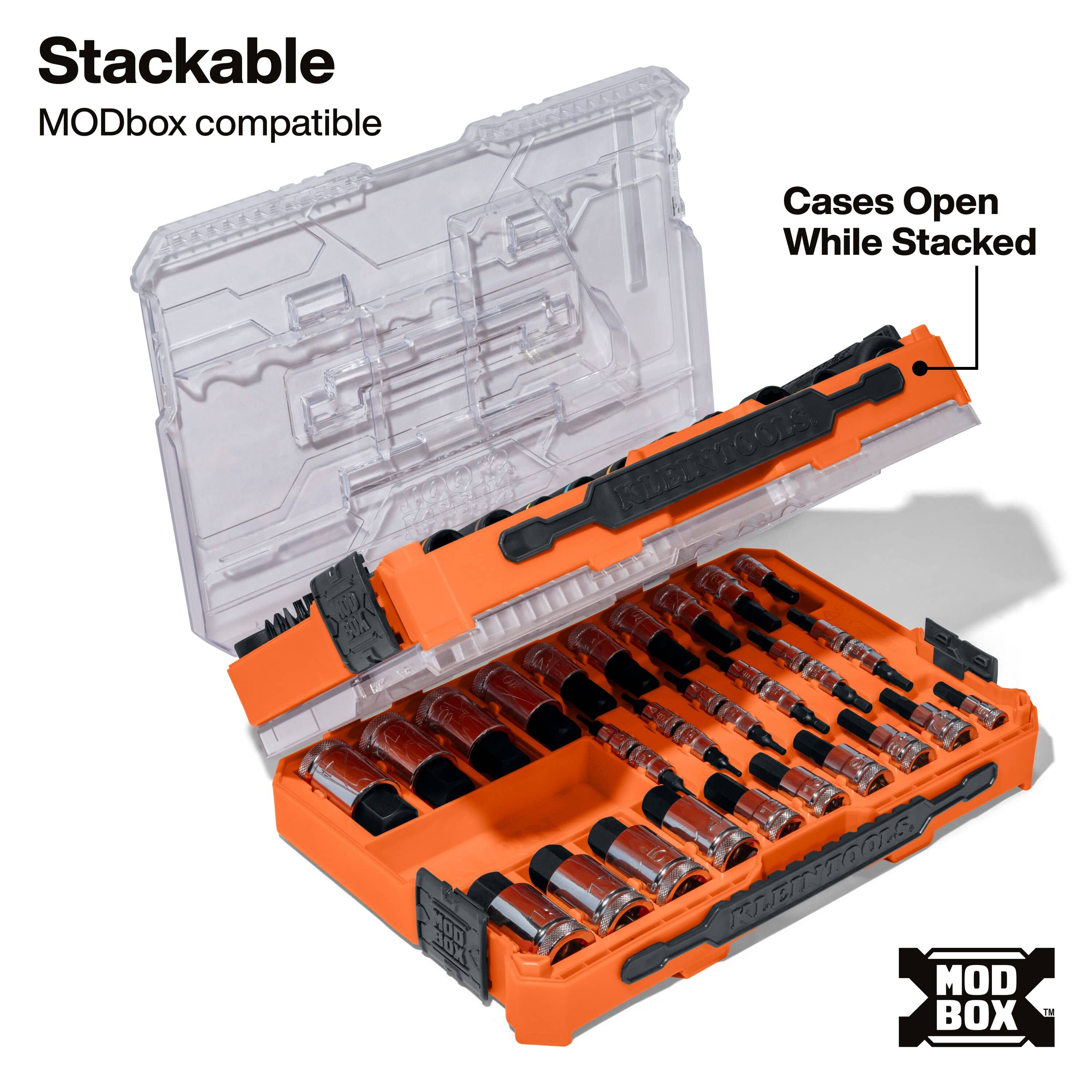 Two stacked Klein MODbox socket cases demonstrating how the clear lids open independently while remaining securely interlocked.