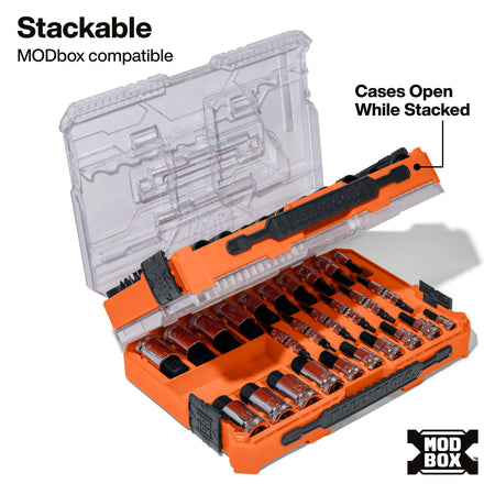 Two stacked Klein MODbox socket cases demonstrating how the clear lids open independently while remaining securely interlocked.