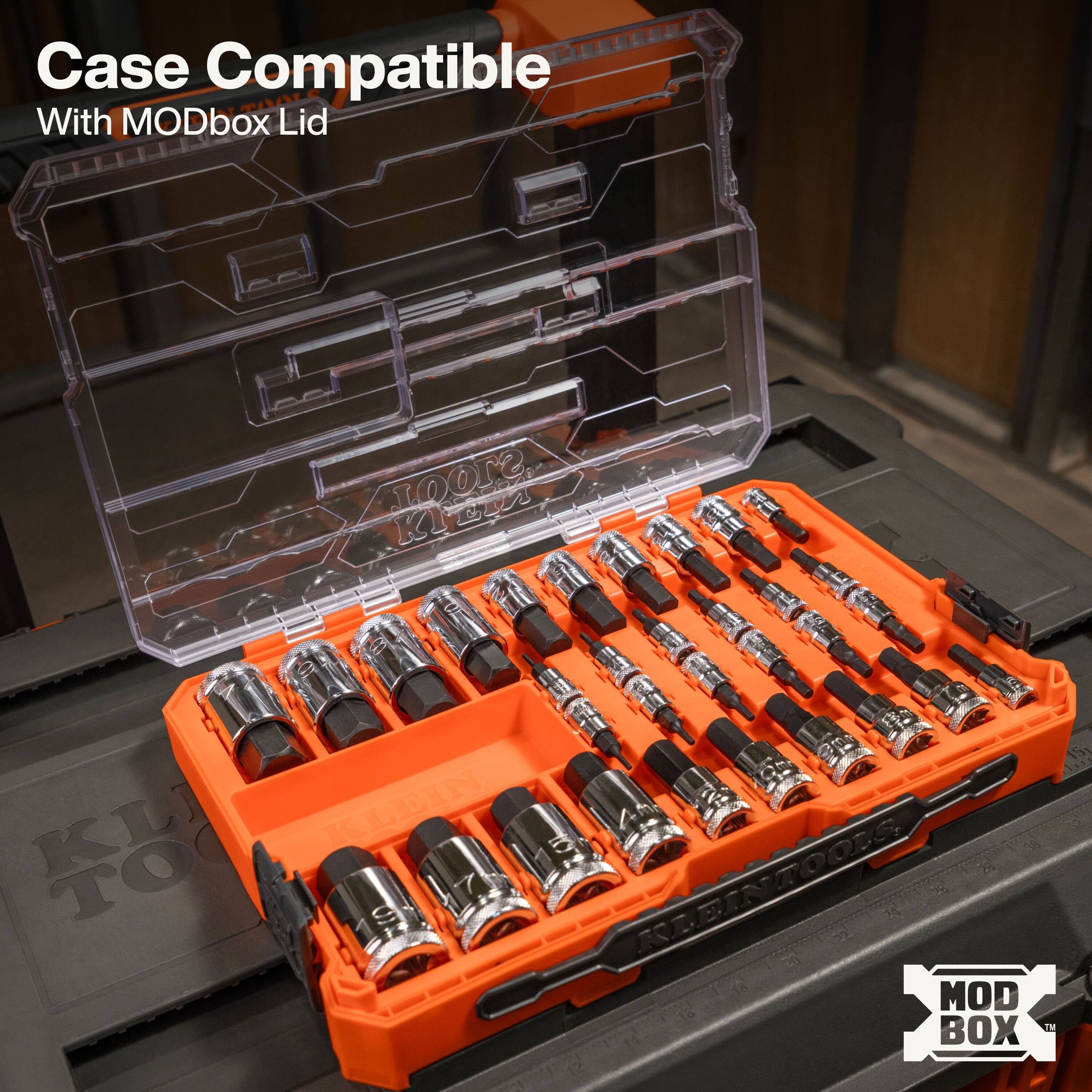 Klein 65233HEX hex bit socket case resting on top of a MODbox rolling tool box with its clear lid fully open for site work.