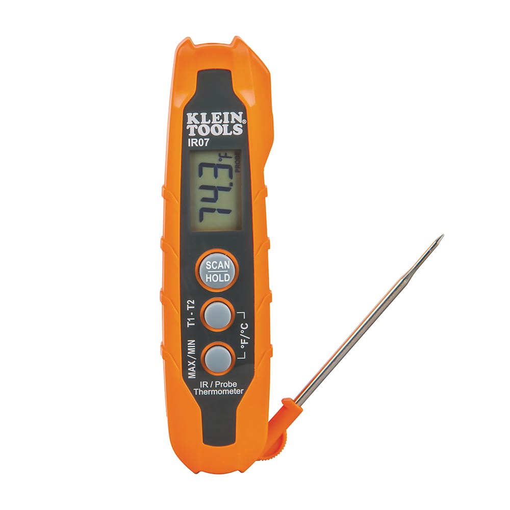 Top-down view of the Klein Tools IR07 Dual Thermometer featuring a bright orange and black ruggedized body. The device showcases its integrated high-visibility backlit LCD screen, control buttons for mode and laser functions, and a secure pocket clip for professional portability.