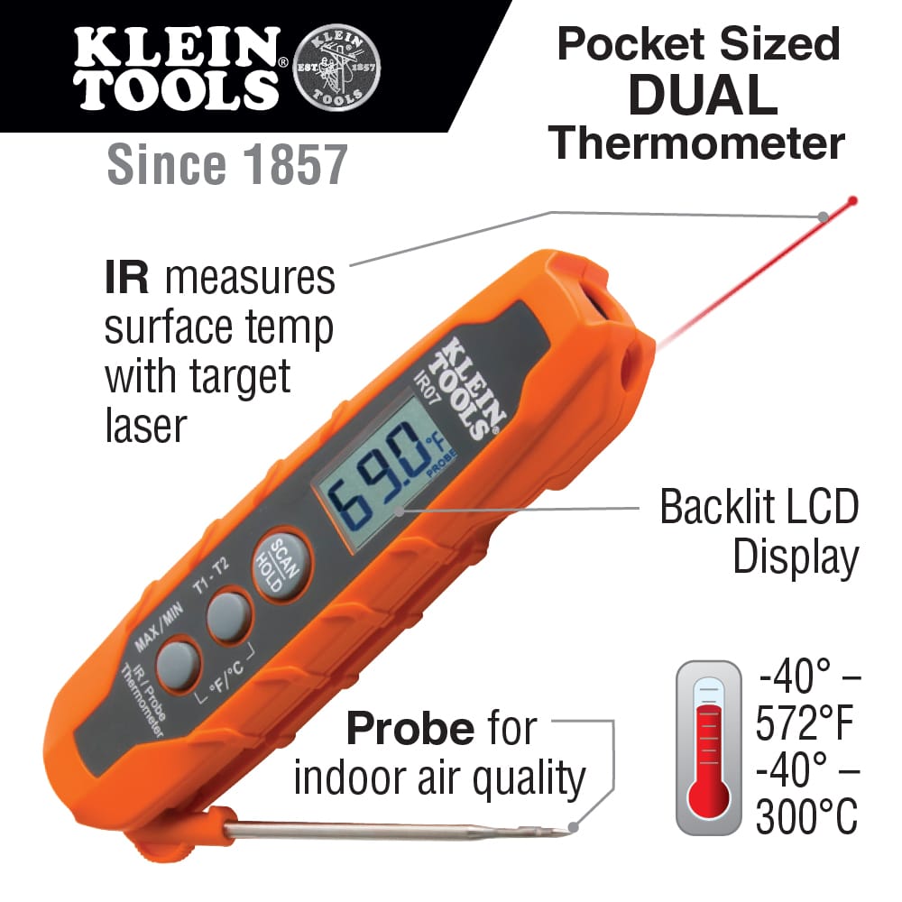 Product feature infographic for the Klein Tools IR07 highlighting its 2-in-1 capabilities. The graphic displays a temperature measurement range of -40 to 572 degrees Fahrenheit, the 8:1 distance-to-spot ratio for the infrared sensor, and icons confirming 2-meter drop protection and IP54 dust and water resistance.