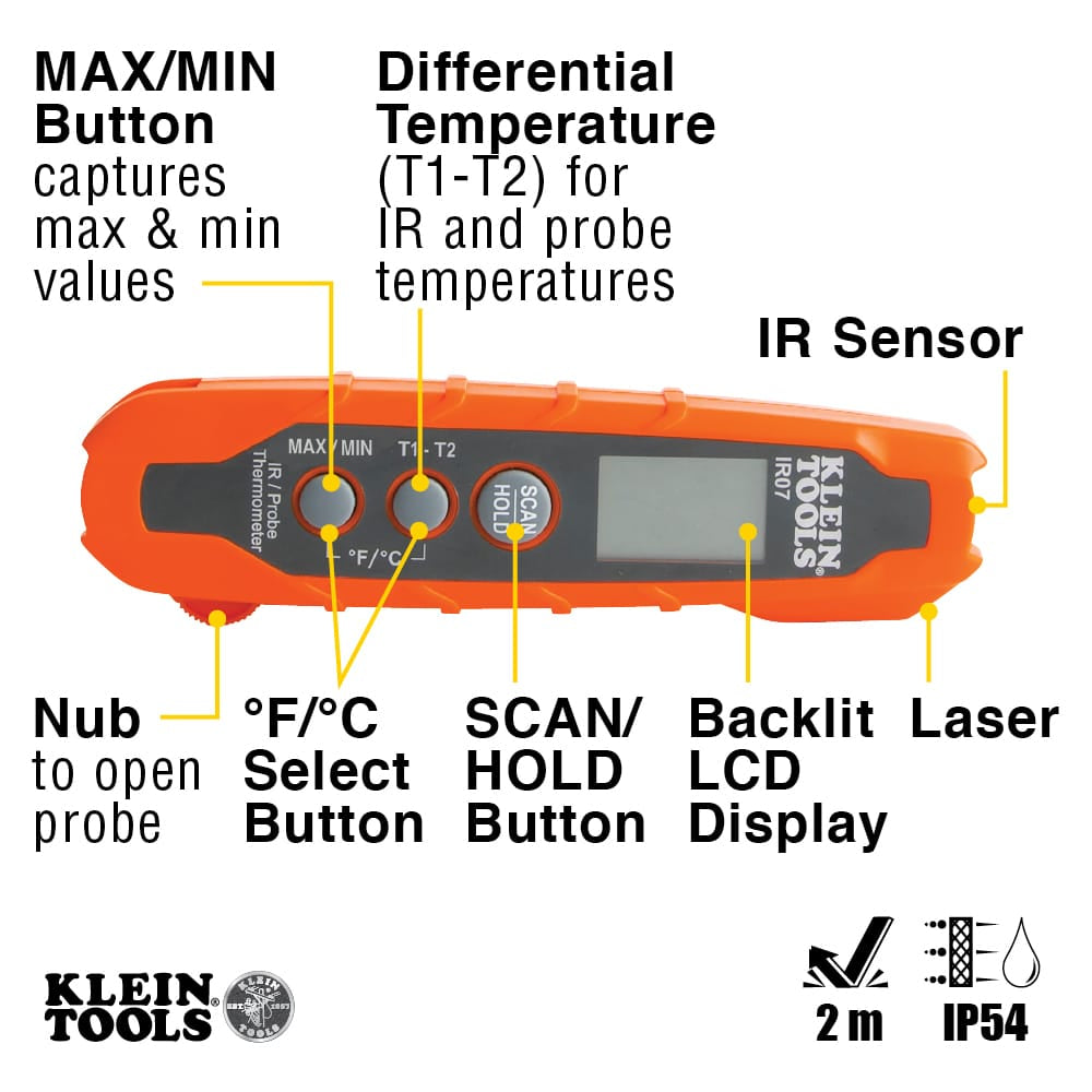 Klein Tools thermometer with labeled features on a white background