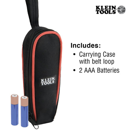 Complete product kit overview for the Klein Tools IR07, including the dual IR and probe thermometer, a durable black protective storage pouch with an orange zipper, and two AAA alkaline batteries.