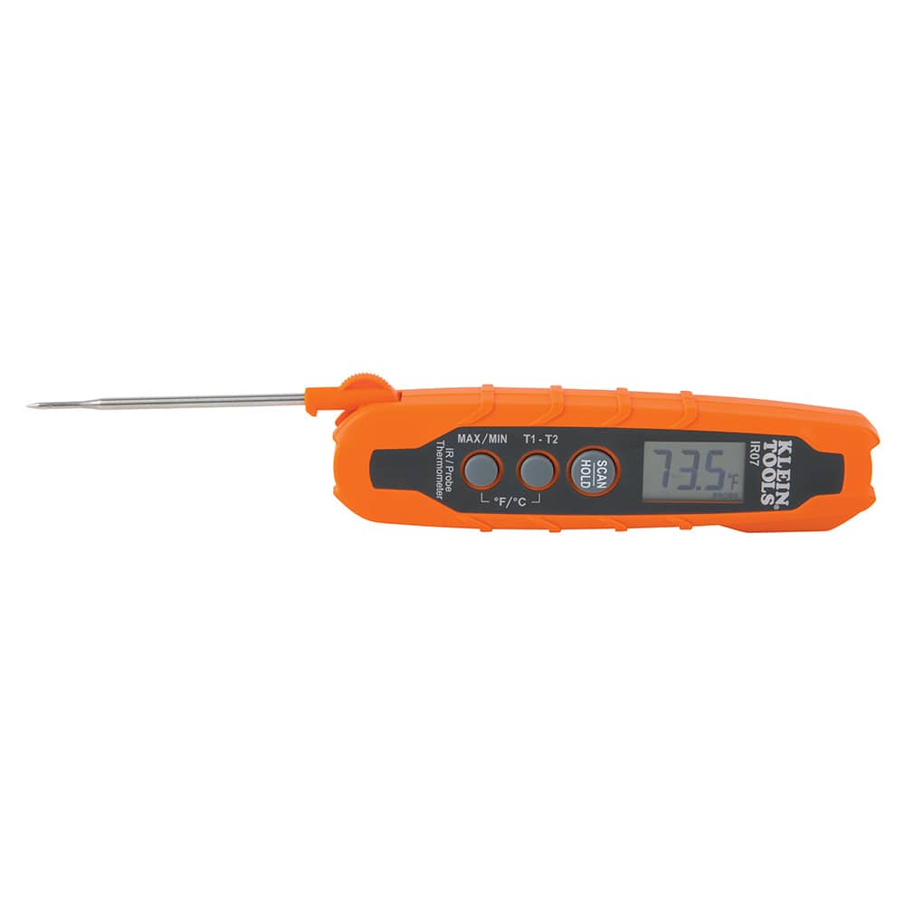 Orange digital thermometer with a white background