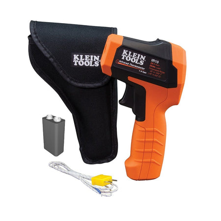 The Klein Tools IR10 Dual Laser Infrared Thermometer kit, including the orange and black thermometer, a 9V battery, a K-type probe, and a black carrying case.