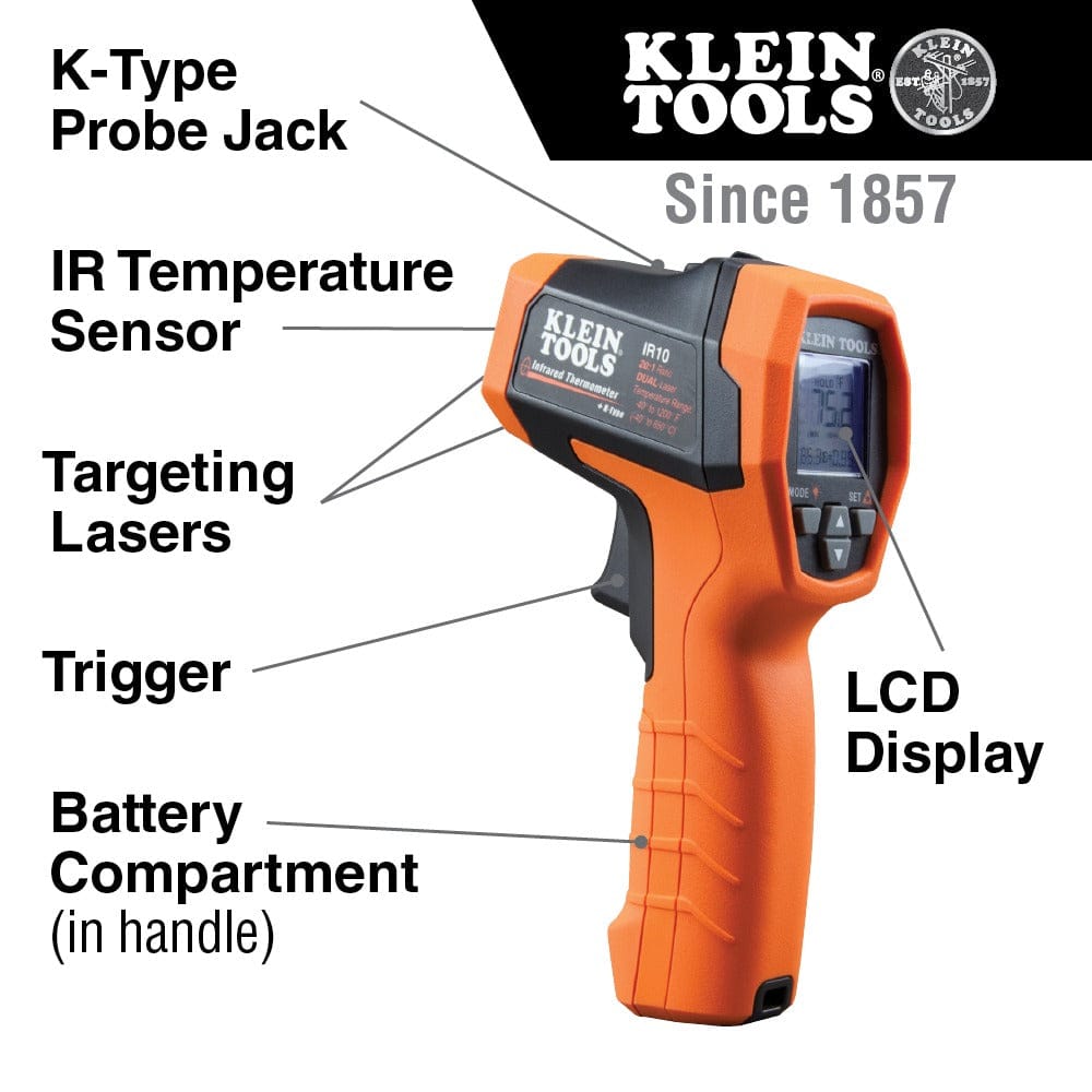 Product feature graphic of the IR10 thermometer with labeled callouts pointing to the probe jack, IR sensor, targeting lasers, trigger, battery compartment, and LCD display.