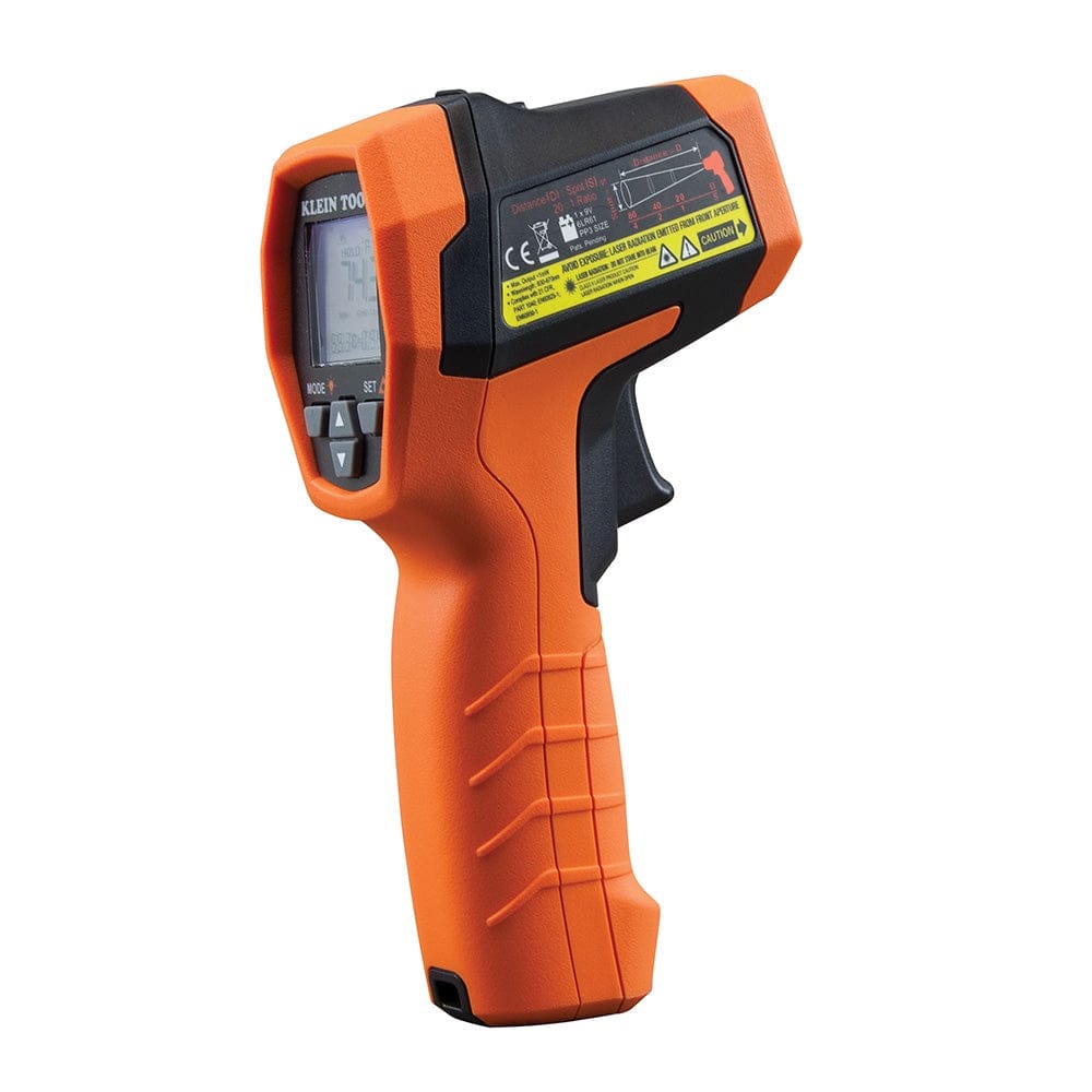 Side profile view of the IR10 thermometer showing the orange over-molded housing and the informative label with the 20 to 1 distance-to-spot ratio chart.