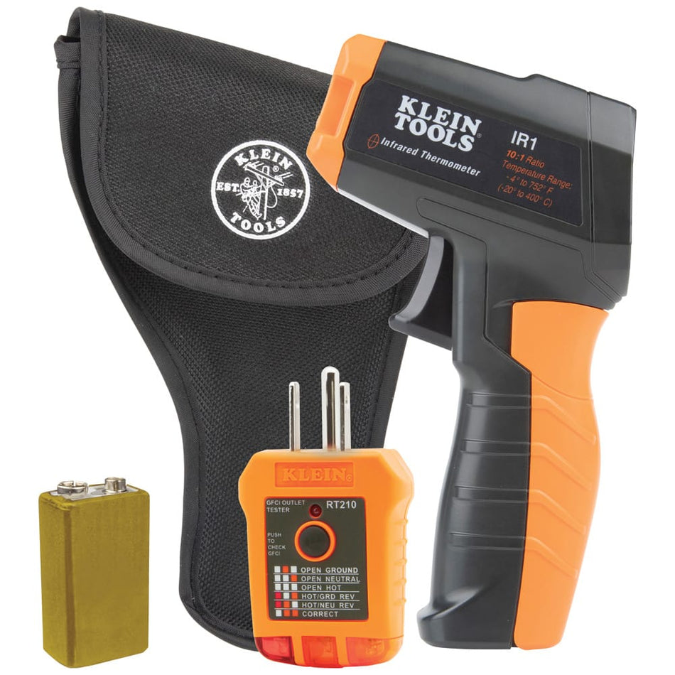 A professional electrical diagnostic kit featuring the Klein Tools IR1 Infrared Thermometer and the RT210 GFCI Receptacle Tester. The image showcases the orange and black ruggedized tools along with a custom black carrying pouch and a 9V battery, providing a complete solution for thermal scanning and outlet safety testing.