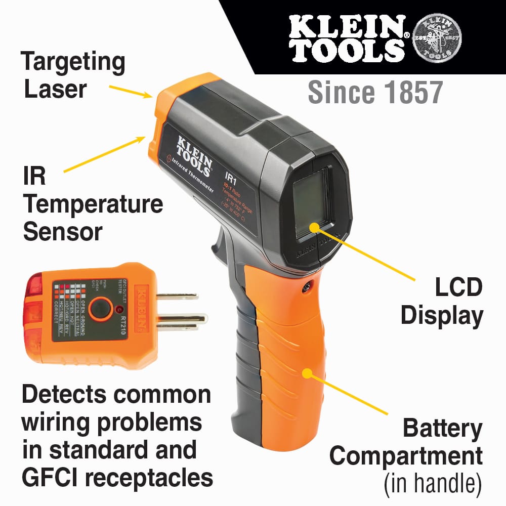 Product feature infographic for the Klein Tools IR1KIT highlighting the key capabilities of both included tools. The graphic calls out the infrared thermometer's 10:1 distance-to-spot ratio and targeting laser, alongside the GFCI tester's ability to detect common wiring problems, both featuring a 2-meter drop protection rating.