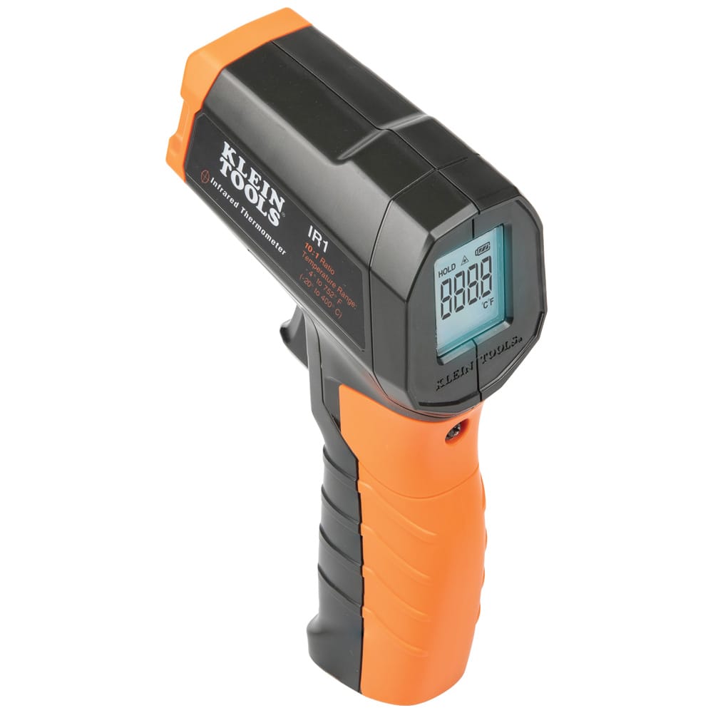 Front view of the Klein Tools IR1 Infrared Thermometer featuring a rugged orange and black ergonomic housing and a large digital backlit display. The image showcases the non-contact temperature measurement gun with its targeting laser lens and easy-to-use trigger mechanism.