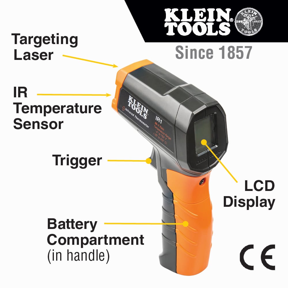 Product feature graphic for the Klein Tools IR1 laser temperature gun highlighting its key technical capabilities. Icons and text call out the -4 to 752 degrees Fahrenheit temperature range, 10 to 1 distance-to-spot ratio, 2-meter drop protection rating, and a digital backlit display for clear readings.