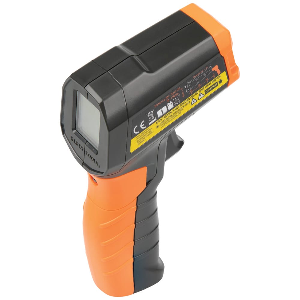 Perspective view of the Klein Tools IR1 showing the side profile and ergonomic grip. The image emphasizes the ruggedized "Klein Tough" build quality, designed for heavy-duty use in professional HVAC, electrical, and industrial maintenance environments.