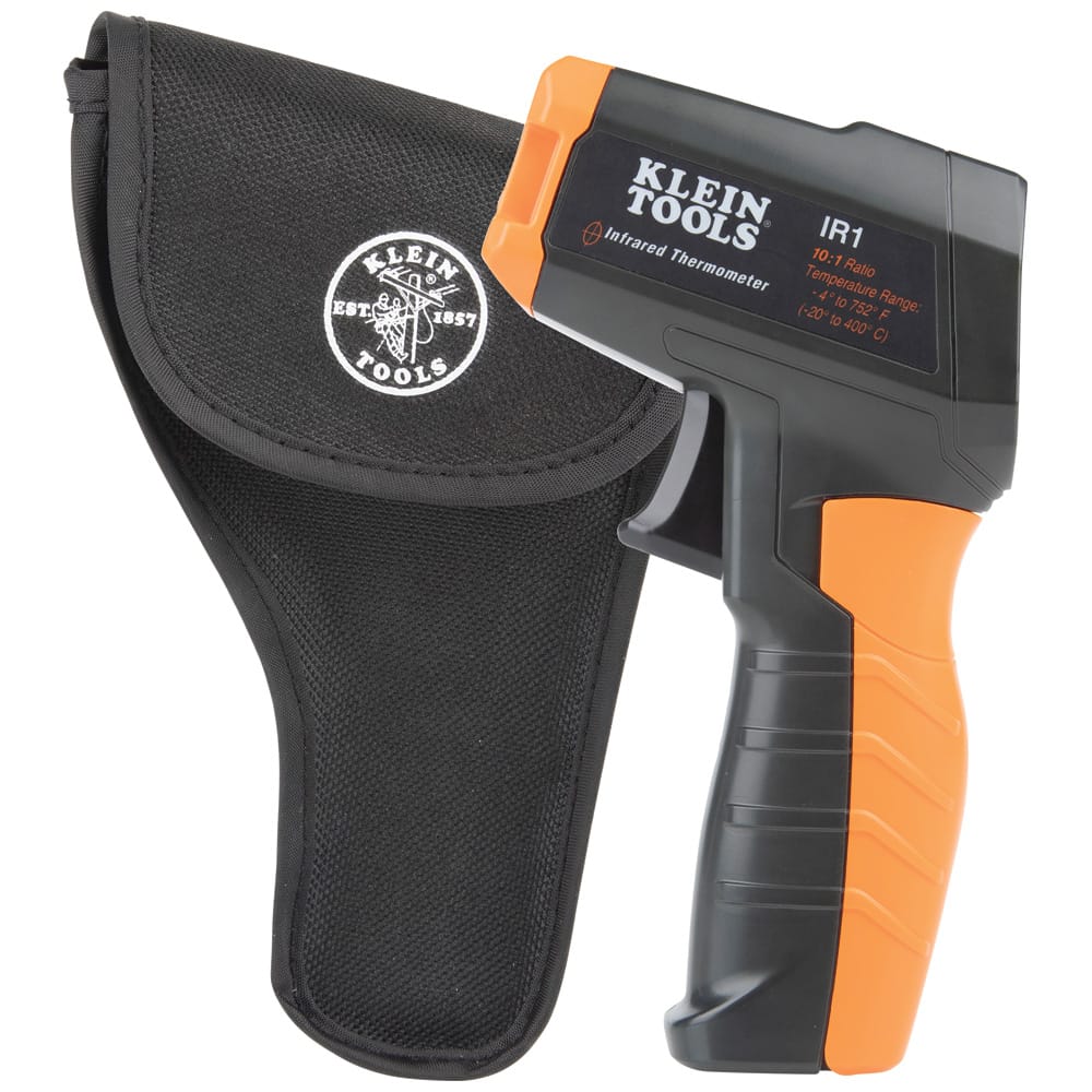 Product kit overview for the Klein Tools IR1, featuring the infrared thermometer gun, a 9V alkaline battery, and a durable custom black carrying pouch with an orange zipper to protect the laser lens during transport and storage.