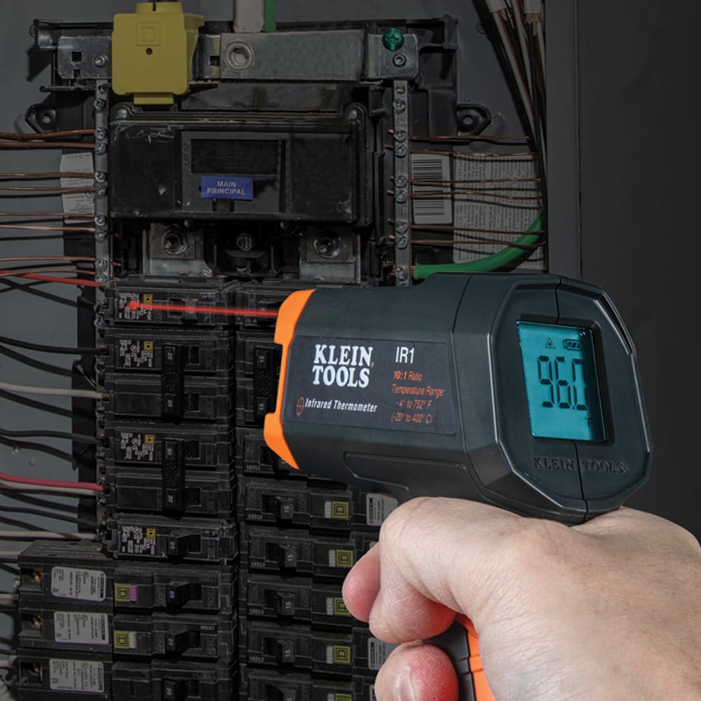 Side view of the Klein Tools IR1 thermometer emphasizing the 10:1 distance-to-spot ratio branding. This view highlights the high-impact polymer construction and the textured handle designed for a secure, slip-resistant grip on the jobsite.