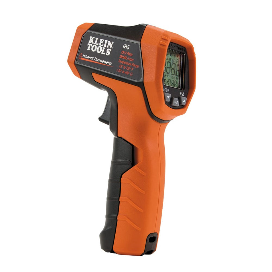 Front perspective view of the Klein Tools IR5 Dual Laser Infrared Thermometer featuring a rugged orange and black housing. The image showcases the non-contact temperature gun design with its ergonomic grip and high-contrast digital display ready for professional diagnostic use.