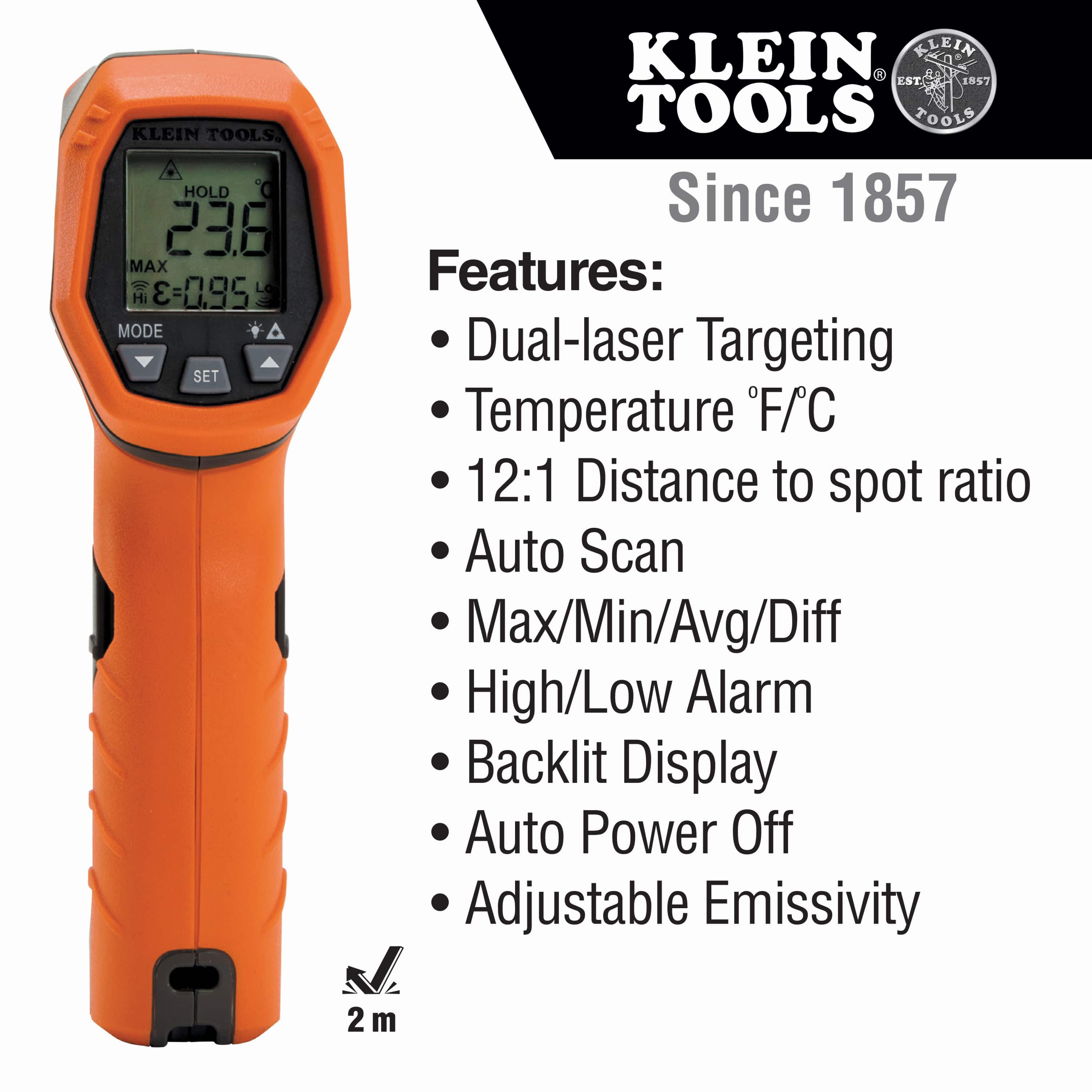 Product feature graphic for the Klein Tools IR5 infrared thermometer highlighting key capabilities including dual-laser targeting, auto scan mode, and max/min/avg/diff calculations. Icons denote a 2-meter drop protection rating, high/low alarms, a backlit display, and adjustable emissivity for precise measurements.