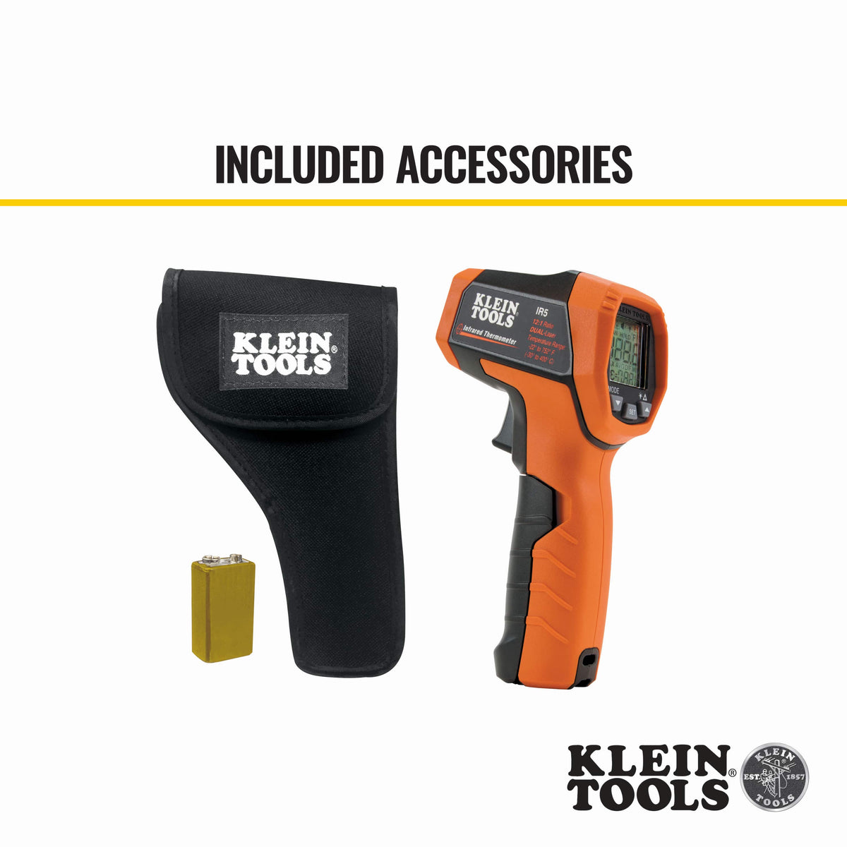 Complete product kit for the Klein Tools IR5 featuring the dual-laser infrared thermometer, a 9V alkaline battery, and a durable custom black carrying pouch with an integrated belt loop for easy transport on the jobsite.