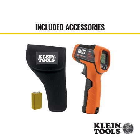 Complete product kit for the Klein Tools IR5 featuring the dual-laser infrared thermometer, a 9V alkaline battery, and a durable custom black carrying pouch with an integrated belt loop for easy transport on the jobsite.