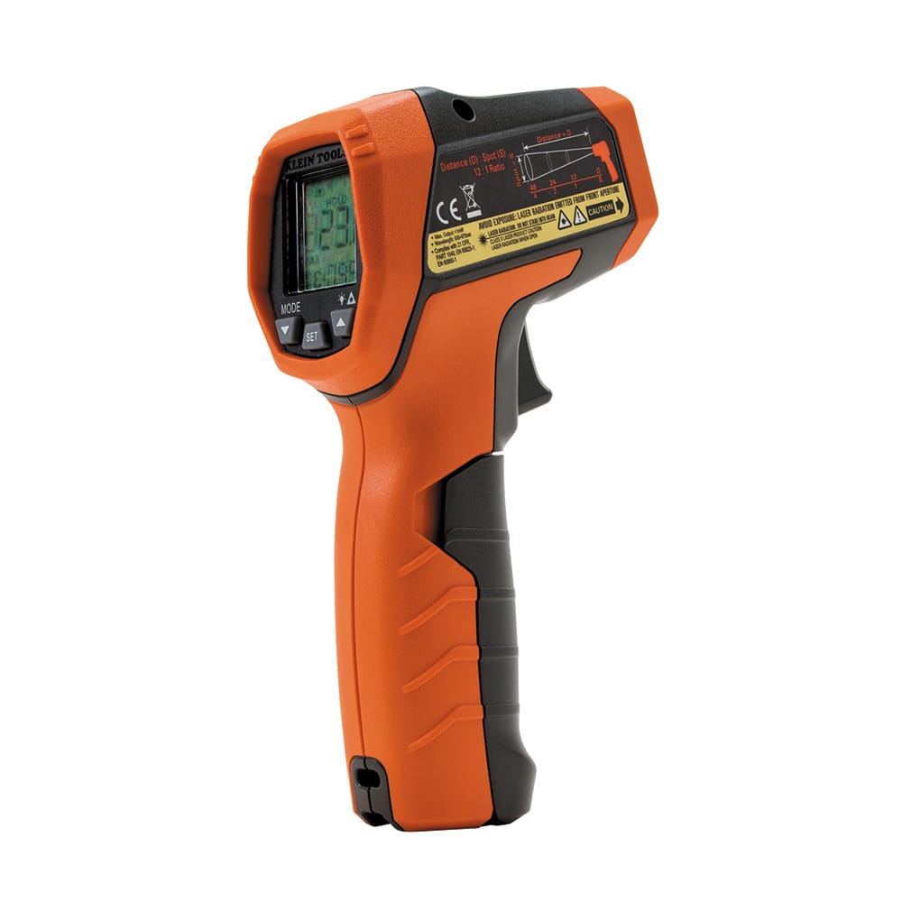 Side profile of the IR5 infrared thermometer highlighting the measurement aperture and the dual-laser output ports. The image emphasizes the ruggedized build and the technical specification labels located on the side of the device.