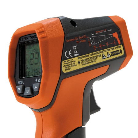 Detailed close-up of the IR5 interface and display. The image shows the digital backlit LCD and the intuitive button layout, including the Mode, Set, and Backlight/Laser toggles, designed for rapid adjustments during thermal scanning.